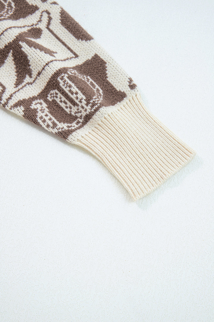 Brown Bows &amp; Horseshoes Pattern Western Fashion Print Sweater