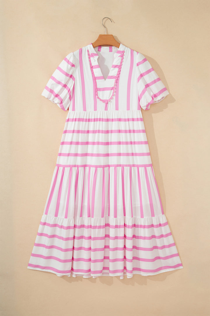 Pink Stripe Ricrac Trim Notched Neck Half Sleeve Vacation Dress