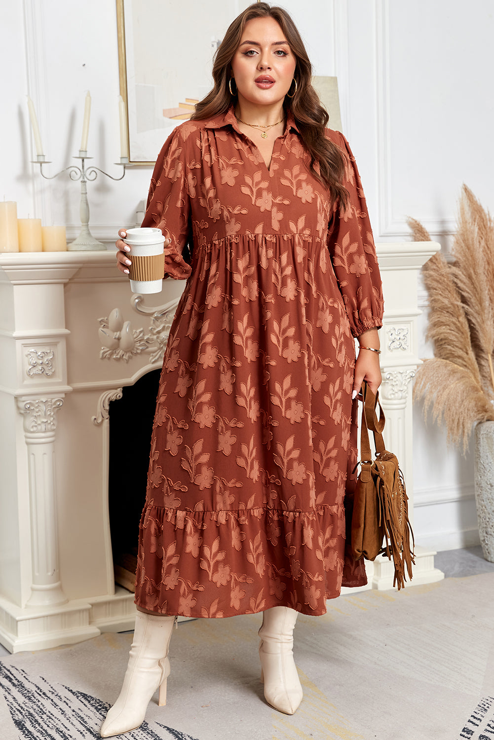 Cinnamon Plus Size Textured 3D Flower Pattern Ruffle Hem 3/4 Sleeve Long Dress