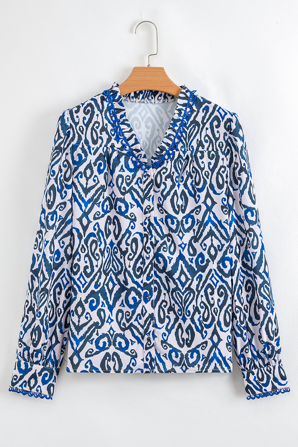 Blue Bohemian Print Embroidered V Neckline Detail Long Sleeve Shirt