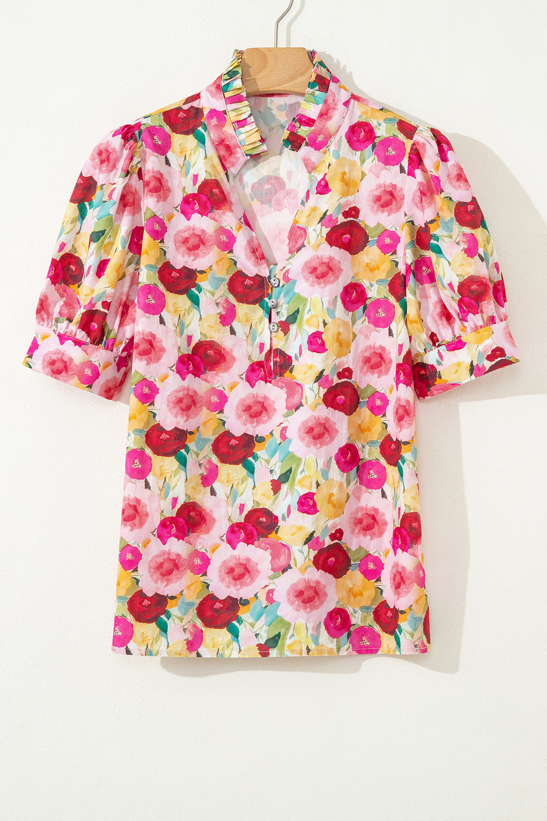 Pink Floral Frilled V Neck Puff Short Sleeve Cotton Blouse