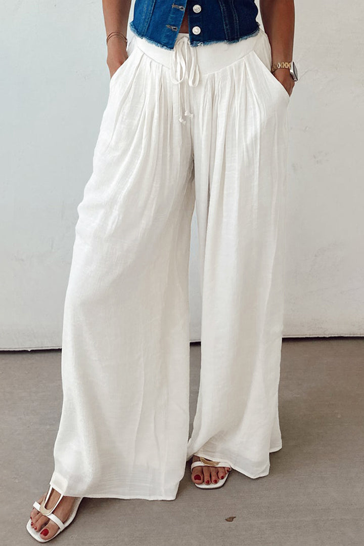 White Solid Drop Waist Pleated Wide Leg Casual Pants