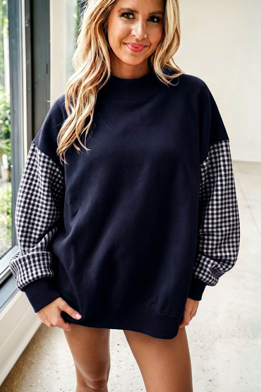 Dirty blue Plaid Sleeve Colorblock Loose Tunic Sweatshirt