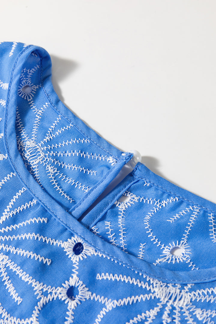 Sky Blue Eyelet Flower Embroidery Frilled Short Puff Sleeve Blouse