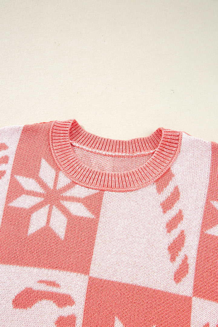 Pink Candycane Snowflake Checker Christmas Holiday Drop Shoulder Tunic Loose Sweater