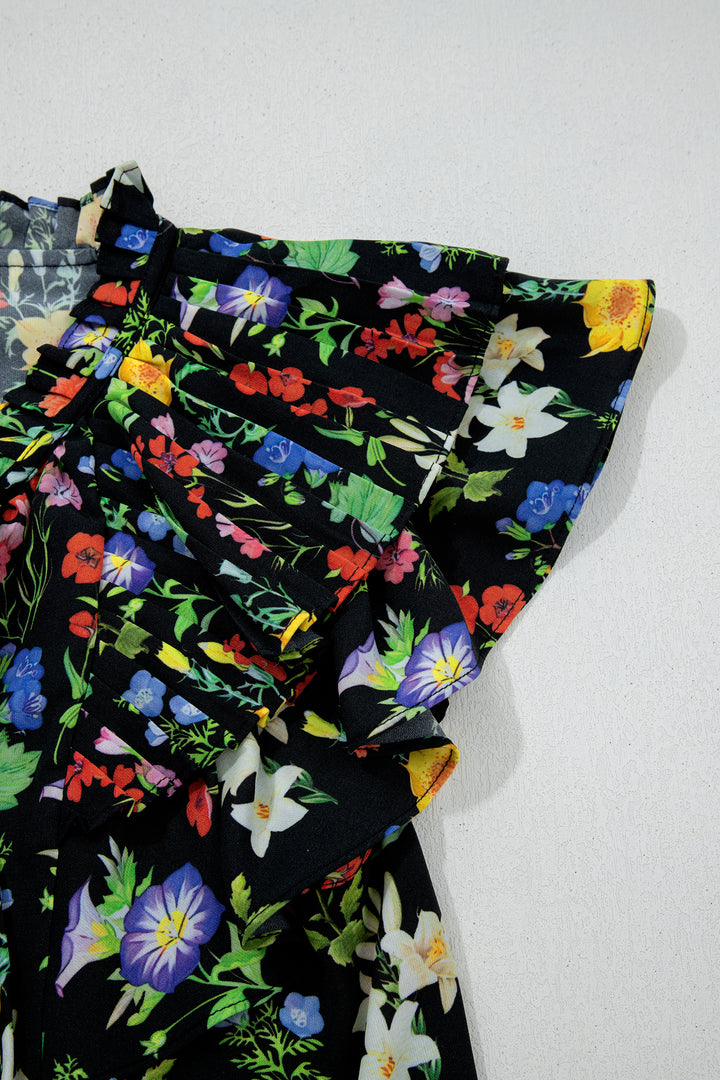 Black Tiered Flutter Sleeve V Neck Flower Blouse