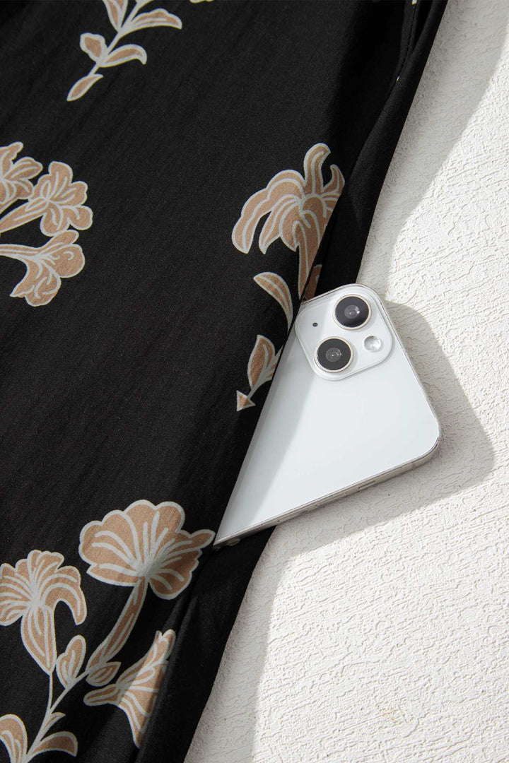 Black Floral Print Frilled Collar Short Puff Sleeve Maxi Dress