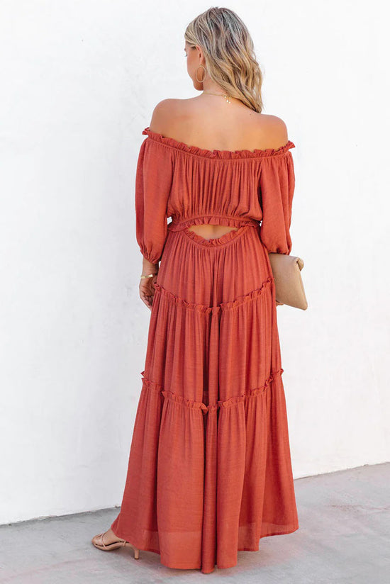 Orange Off Shoulder Balloon Sleeve Cutout Ruffled Maxi Dress  | Women