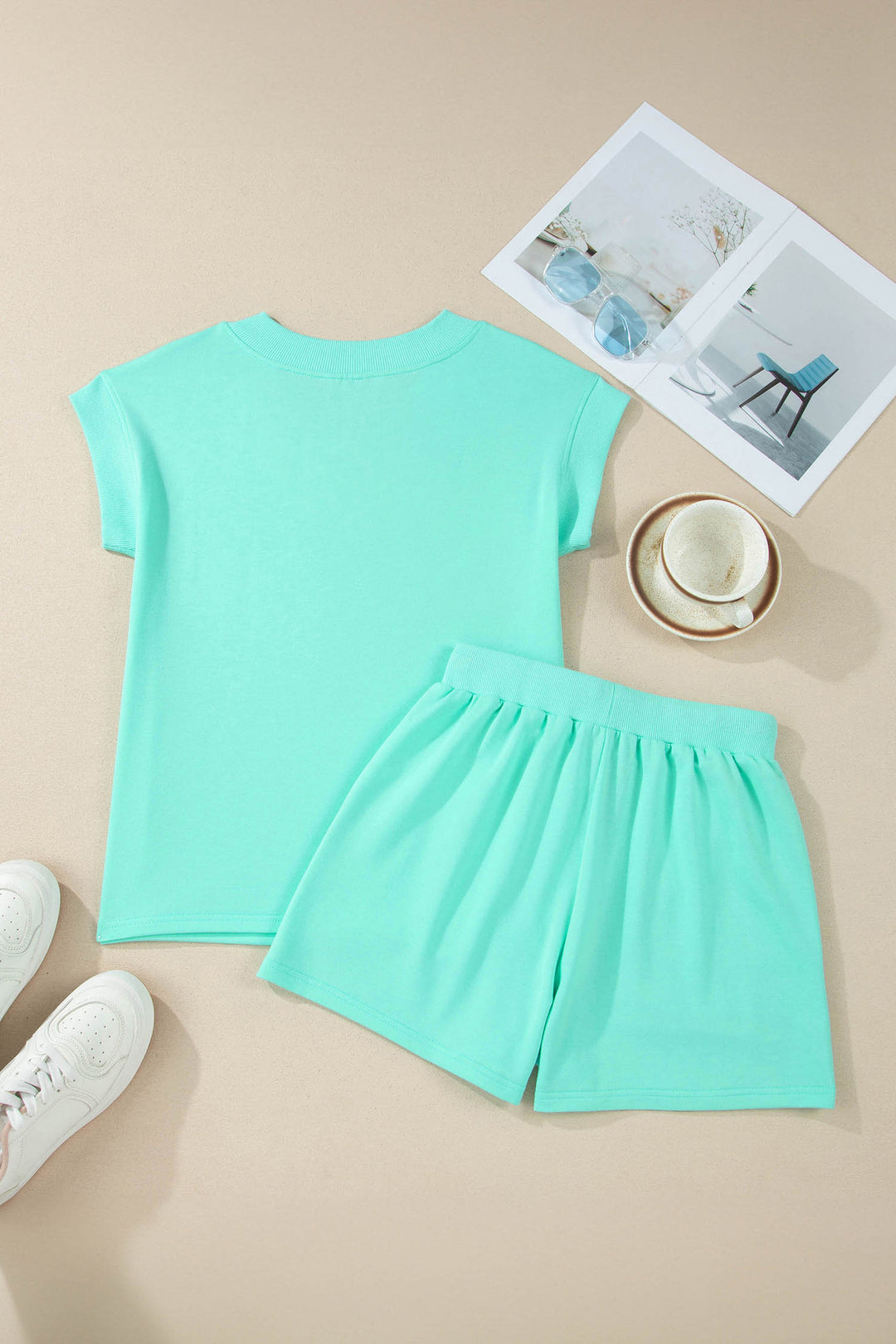 Sachet Pink V Neck Short Sleeve Top Drawstring Shorts 2pcs Set