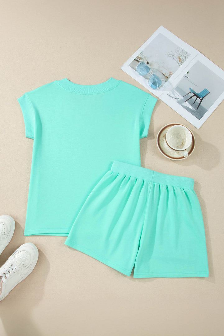 Sachet Pink V Neck Short Sleeve Top Drawstring Shorts 2pcs Set