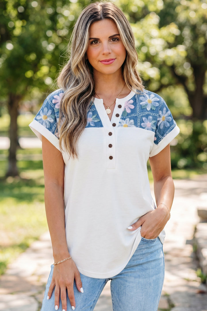 White Floral Patchwork Short Sleeve Viscose Blend Blouse