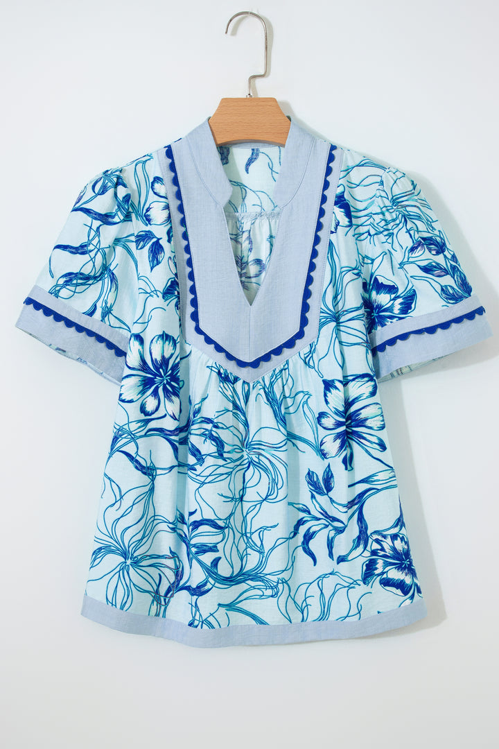 Sky Blue Ricrac Trim Slit V Neck Short Sleeve Floral Blouse