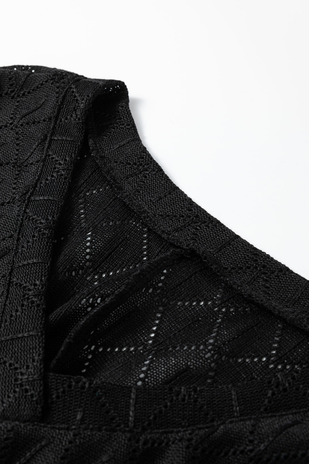 Black Pointelle Rhombus Knit Plus Size V Neck Loose Top