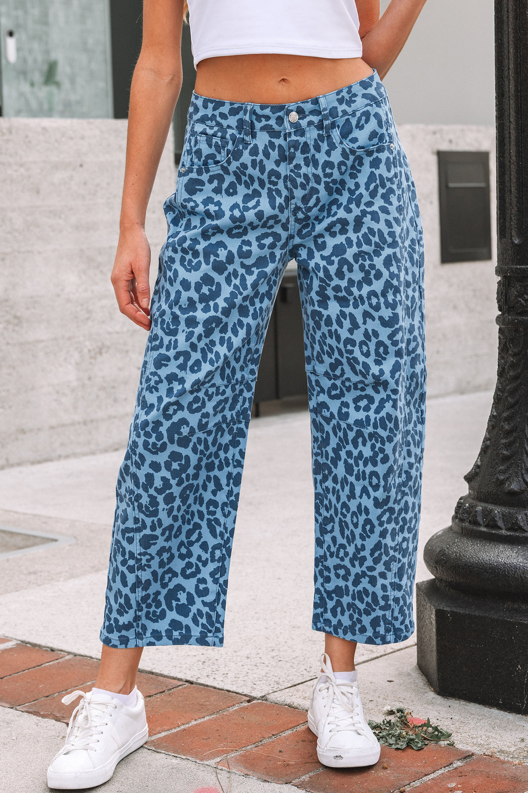 Sky Blue Leopard Print Straight Loose Jeans