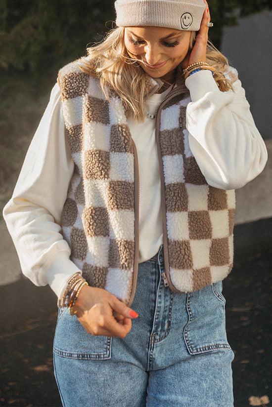 Khaki Checkered Sherpa Collared Jacket Vest