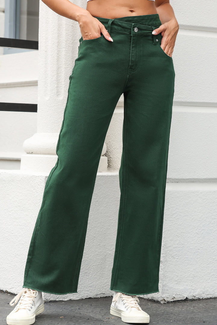 Green Crossed Waist Raw Hem Shift Jeans