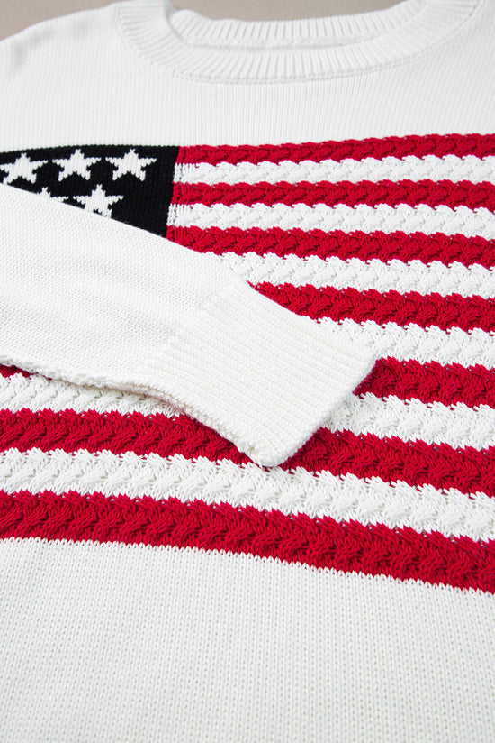 White American Flag Cable Knit Drop Shoulder Sweater | Women