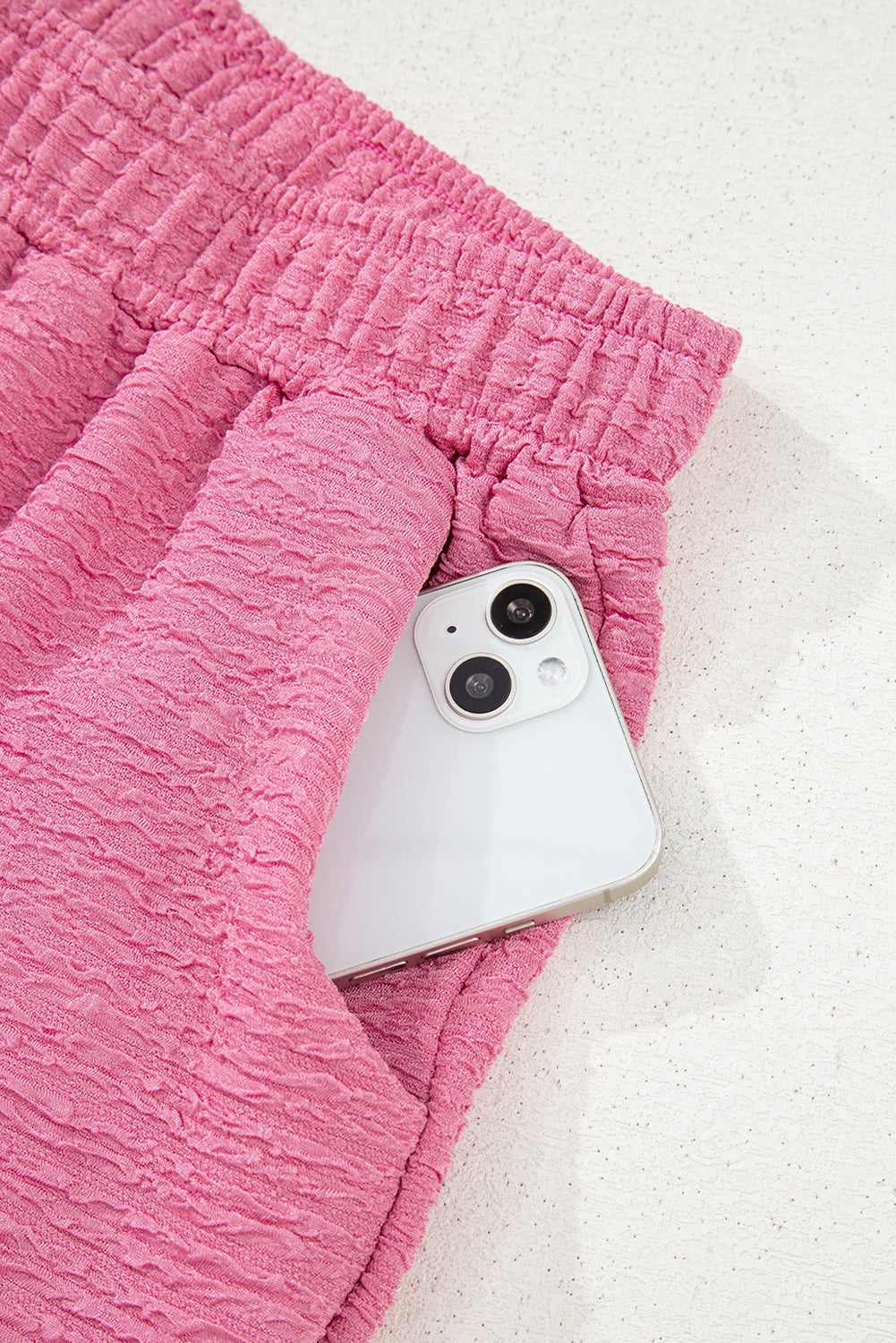 Pink Textured V Neck T Shirt and Shorts Set