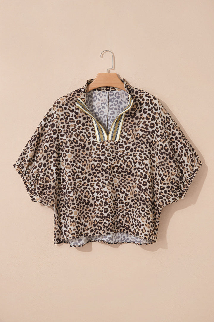 Leopard Contrast Trim V Neck Half Sleeve Western Dolman Blouse