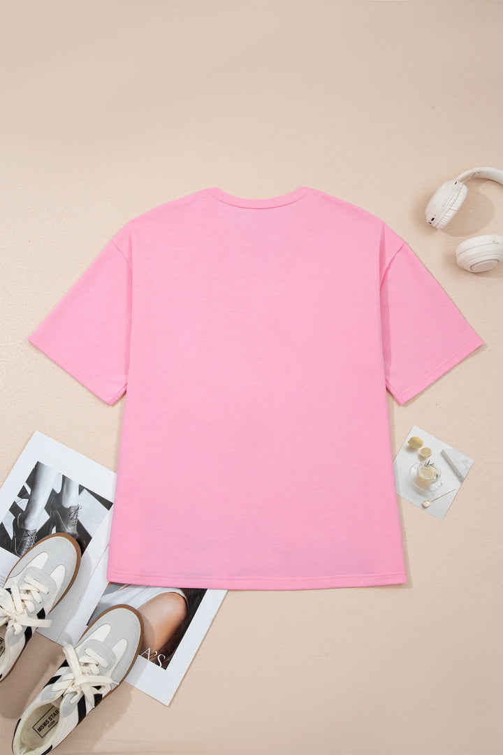 Pink Solid Color Raw Edge Bow Patch Loose T Shirt