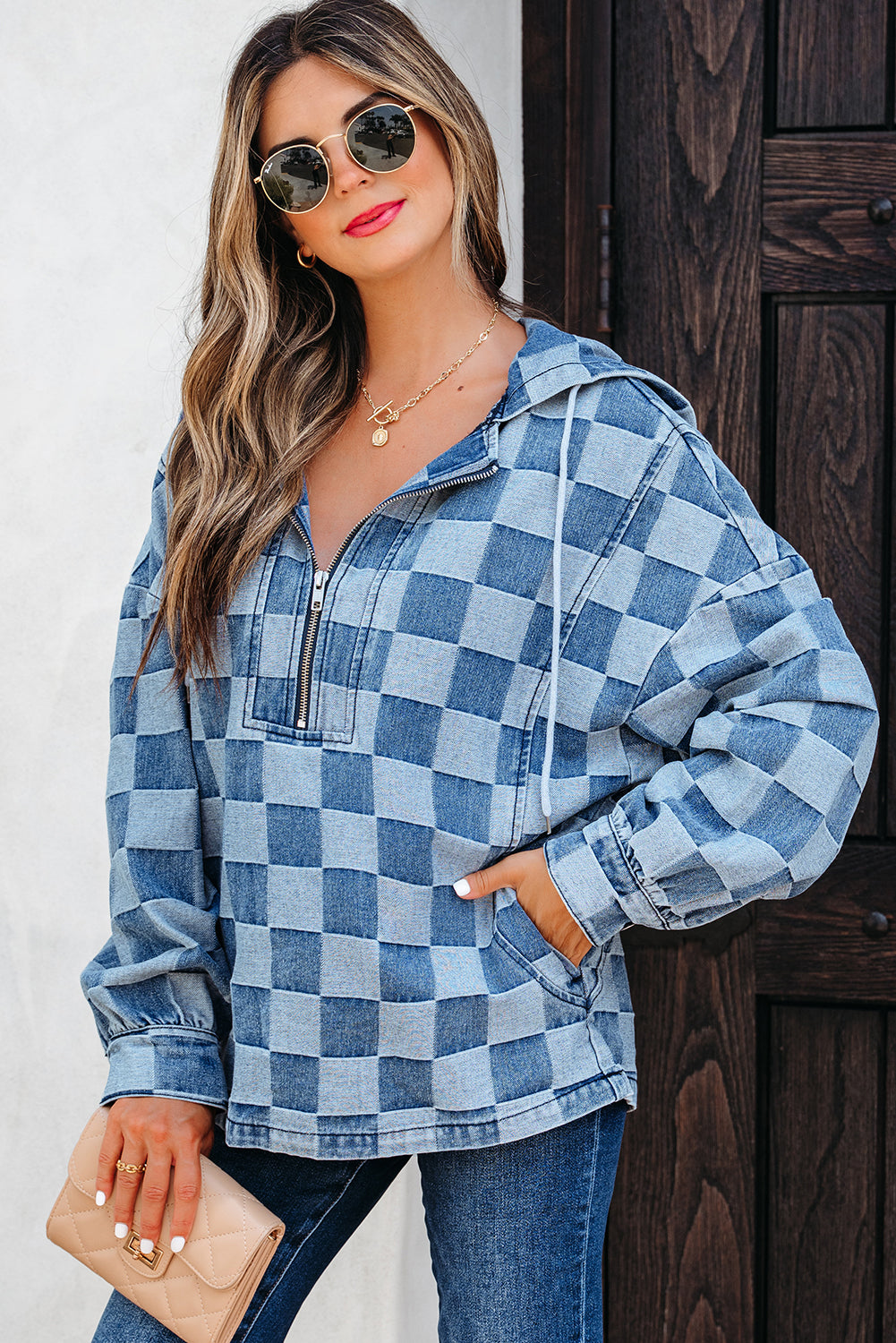 Sky Blue Checkerboard Oversized Zipped Neck Kangaroo Pocket Denim Hoodie