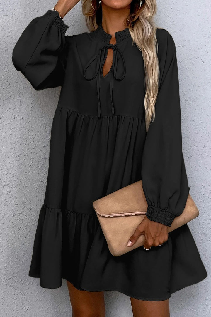 Black Tie Split Neck Smocked Detail Puff Sleeve Ruffle Hem Loose Dress