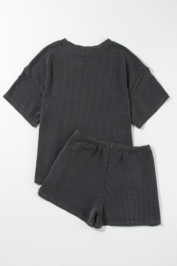 Carbon Grey Ribbed Textured Knit Loose Fit Tee and Shorts Set | Women