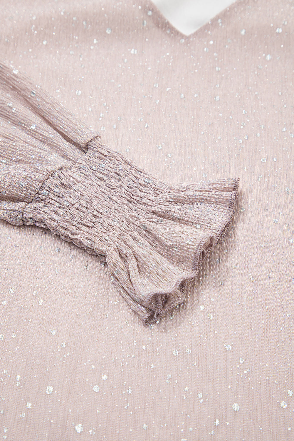 Light Pink V Neck Sequin Plisse Long Sleeve Blouse