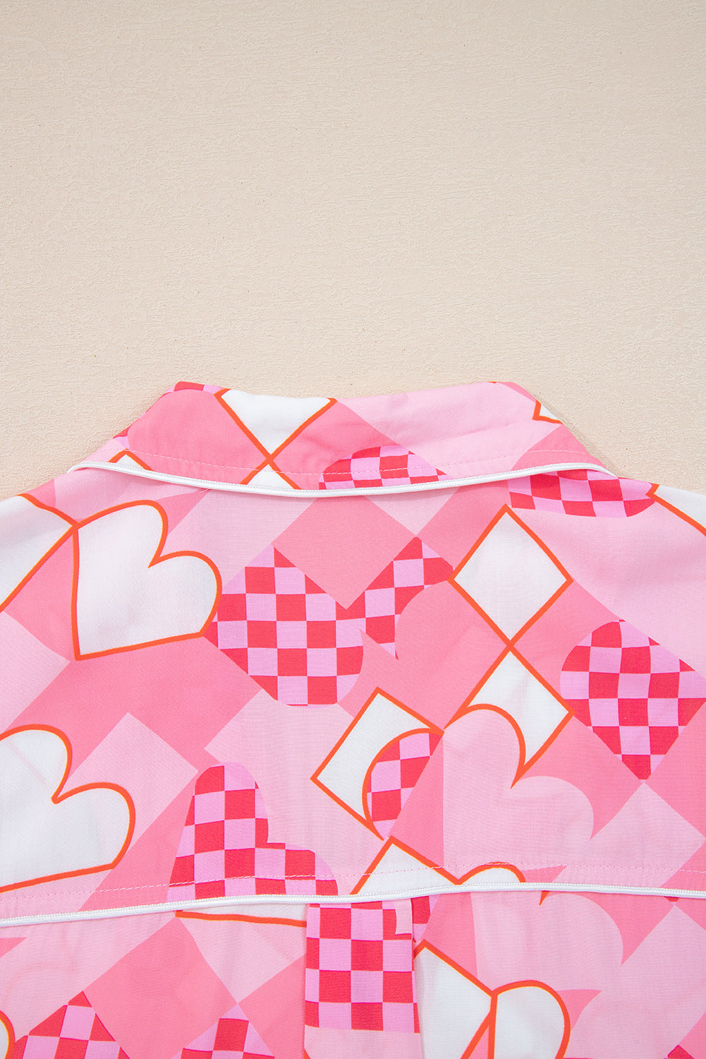 Pink Heart Print Shirt Style Silky Short Pajama Set