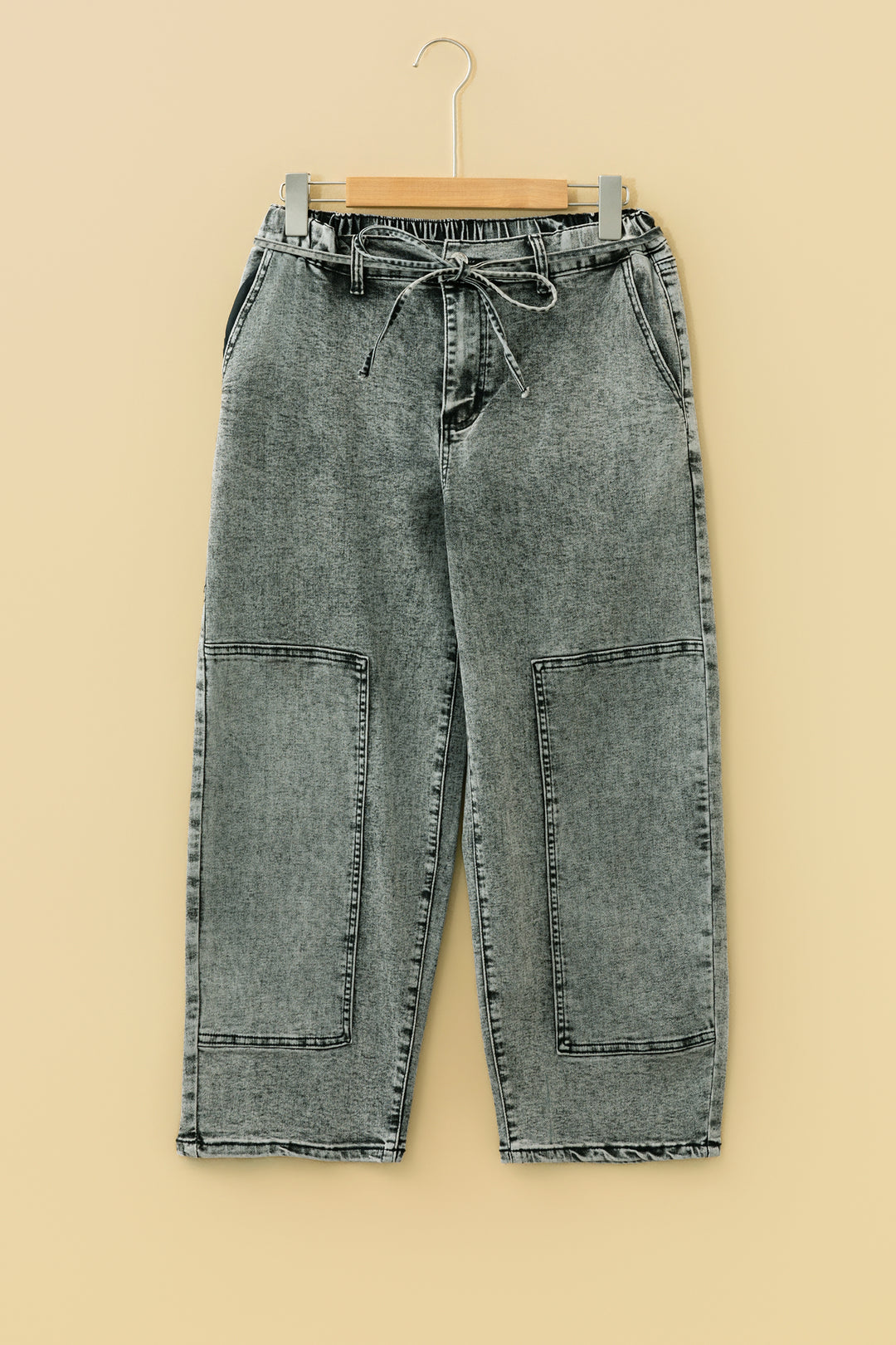 Smoke Gray Acid Wash Tie Waist Denim Pants