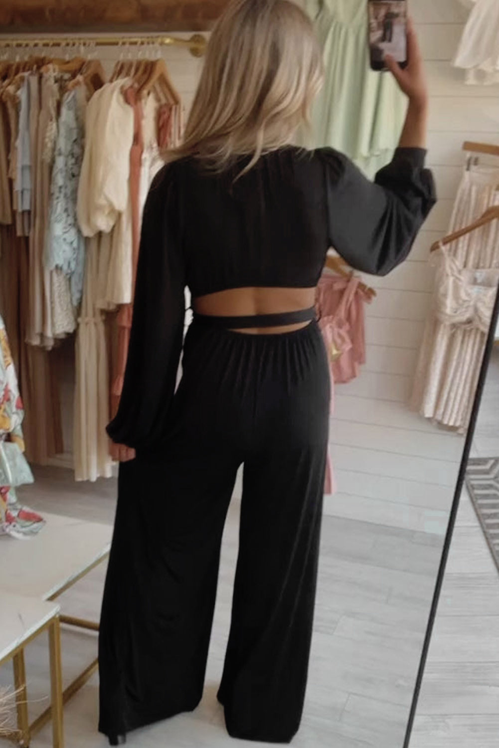 Black Cutout Back Belted V Neck Wide Leg Jumpsuit | Women