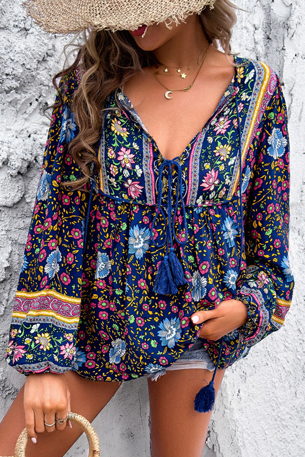 Blue Bohemian Floral Print Tassel Tie Front Long Sleeve Blouse