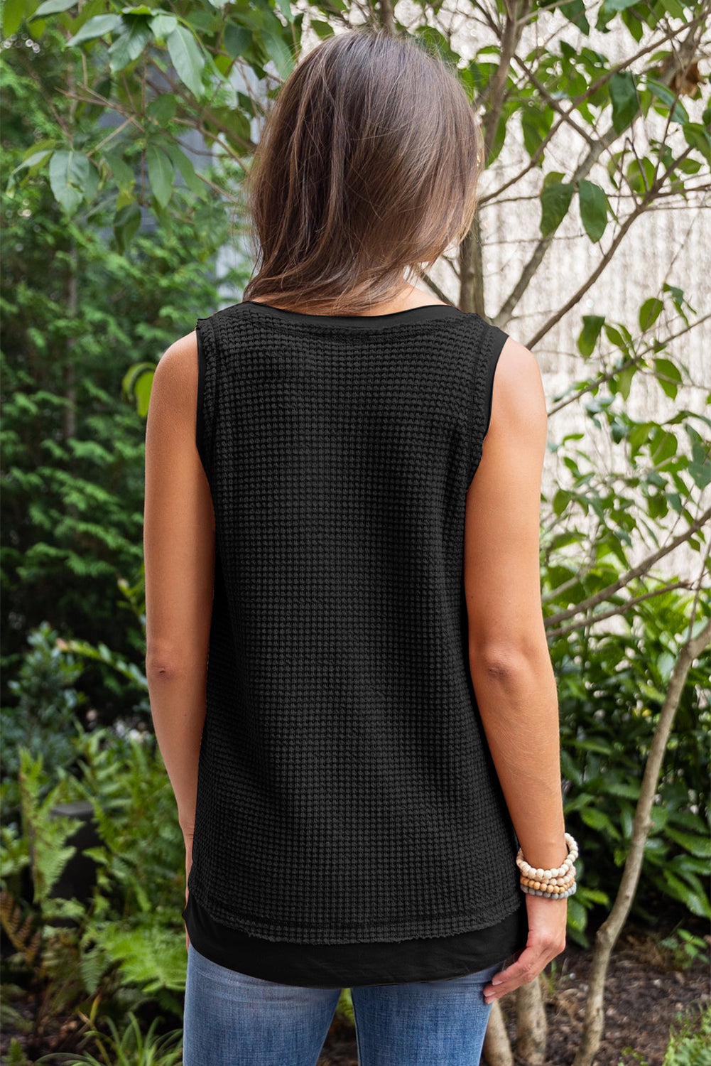 Black Scoop Neck Waffle Knit Flowy Vest | Women