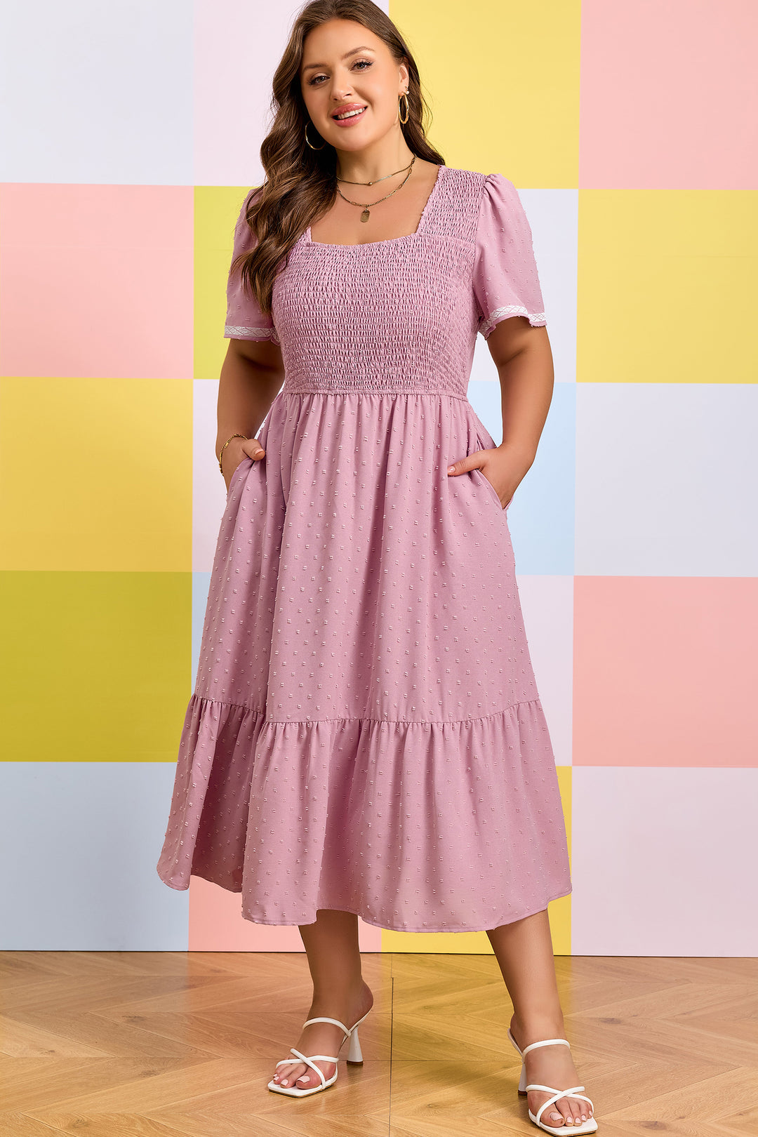 plus size pink flowy dress Miaspire Plus Size Pink Ditsy Floral Print Square Neck Puff Sleeve High Waist A-Line Ruffle Flowy Boho Knitwear Summer Vacation Elegant Wome,2XL