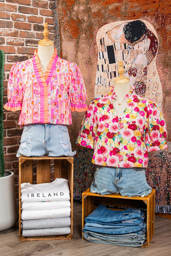 Pink Floral Frilled V Neck Puff Short Sleeve Cotton Blouse