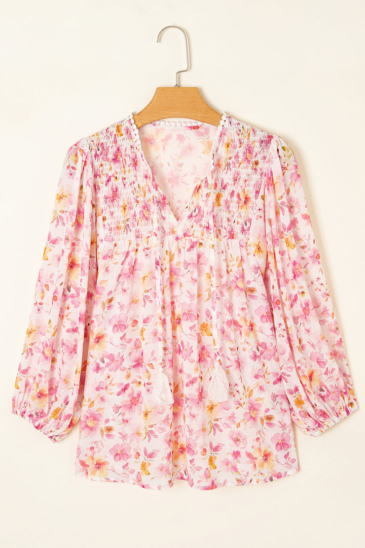 Pink Floral Print Tassel Tie Smocked V Neck Puff Sleeve Tunic Blouse