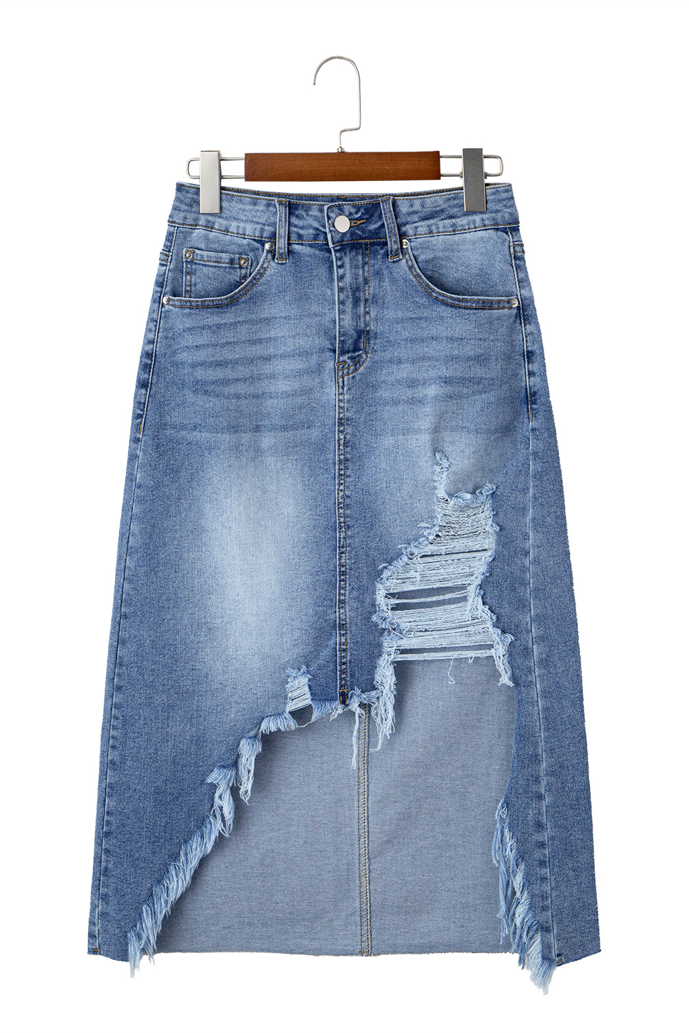 Myosotis Irregular Distressed Bottom Denim Midi Skirt