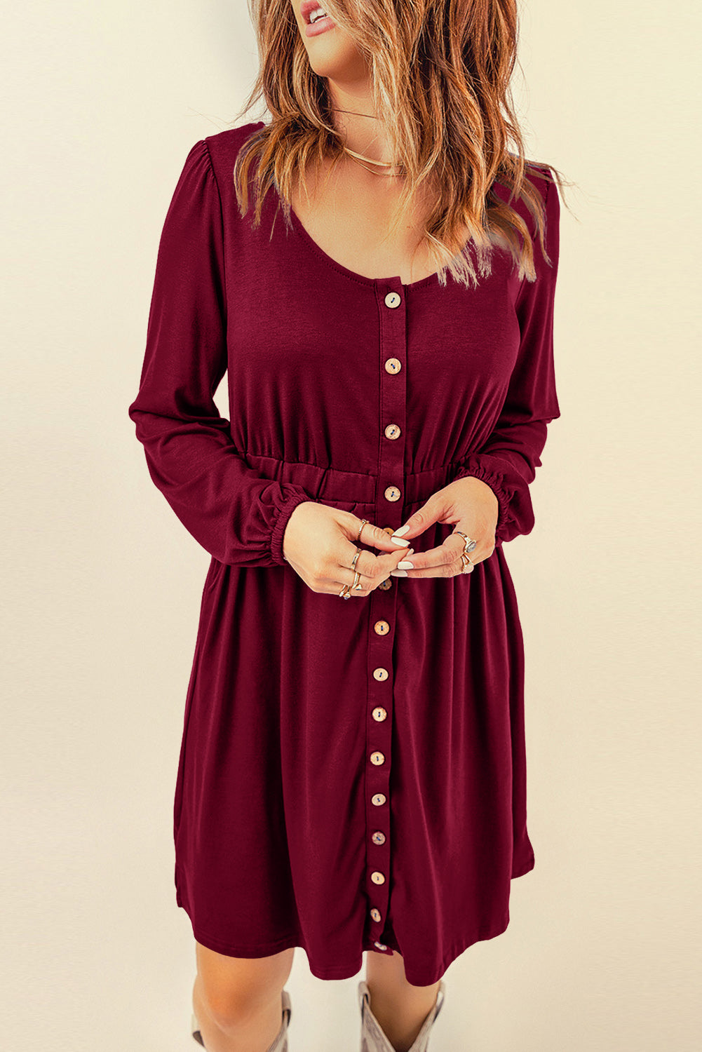 Fiery Red Button Up High Waist Long Sleeve Dress