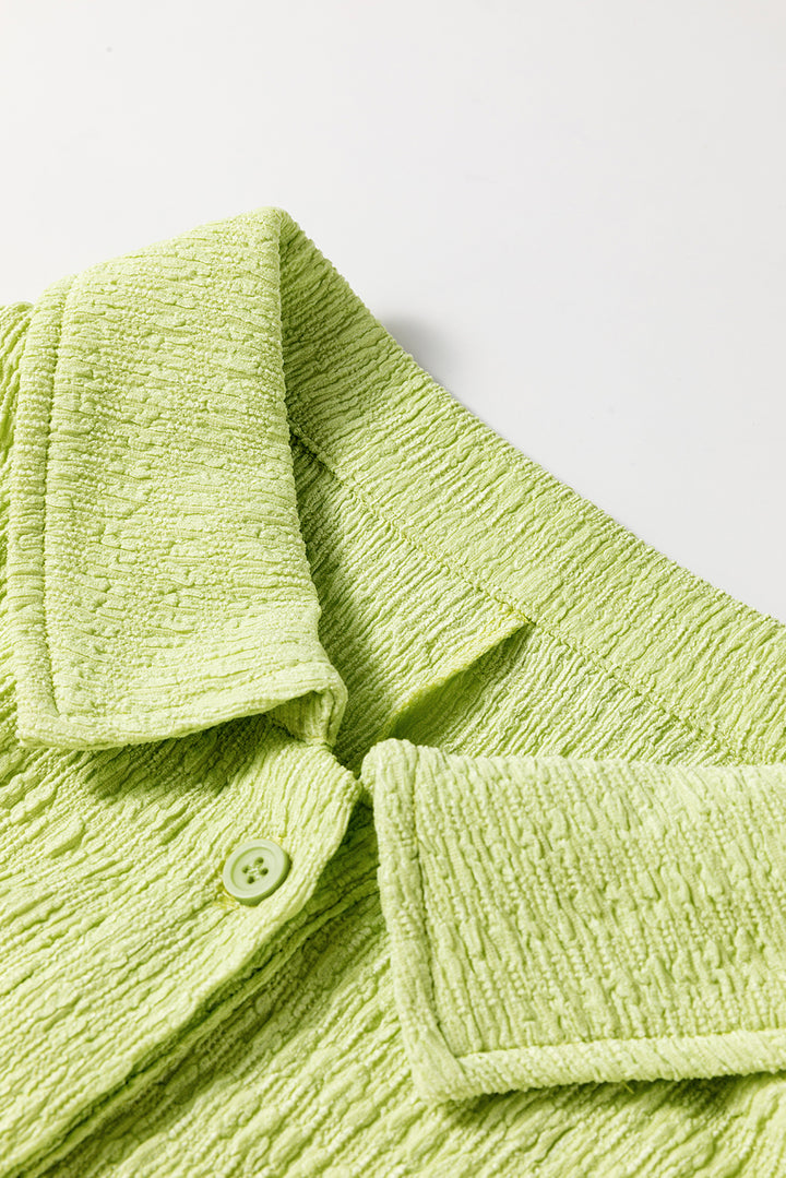 Meadow Mist Green Textured Short Sleeve Patched Pocket Buttoned Shirt Romper