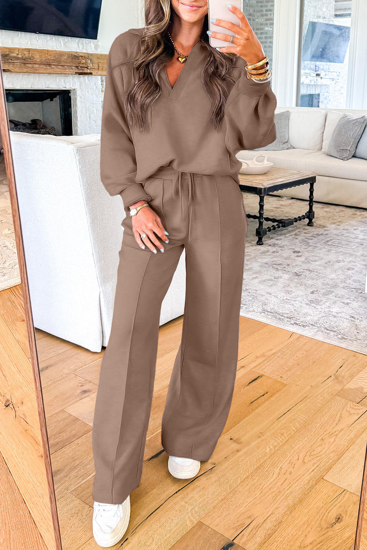 Dark Khaki Polo Collar V Neck Pullover and Drawstring Sweatpants Set