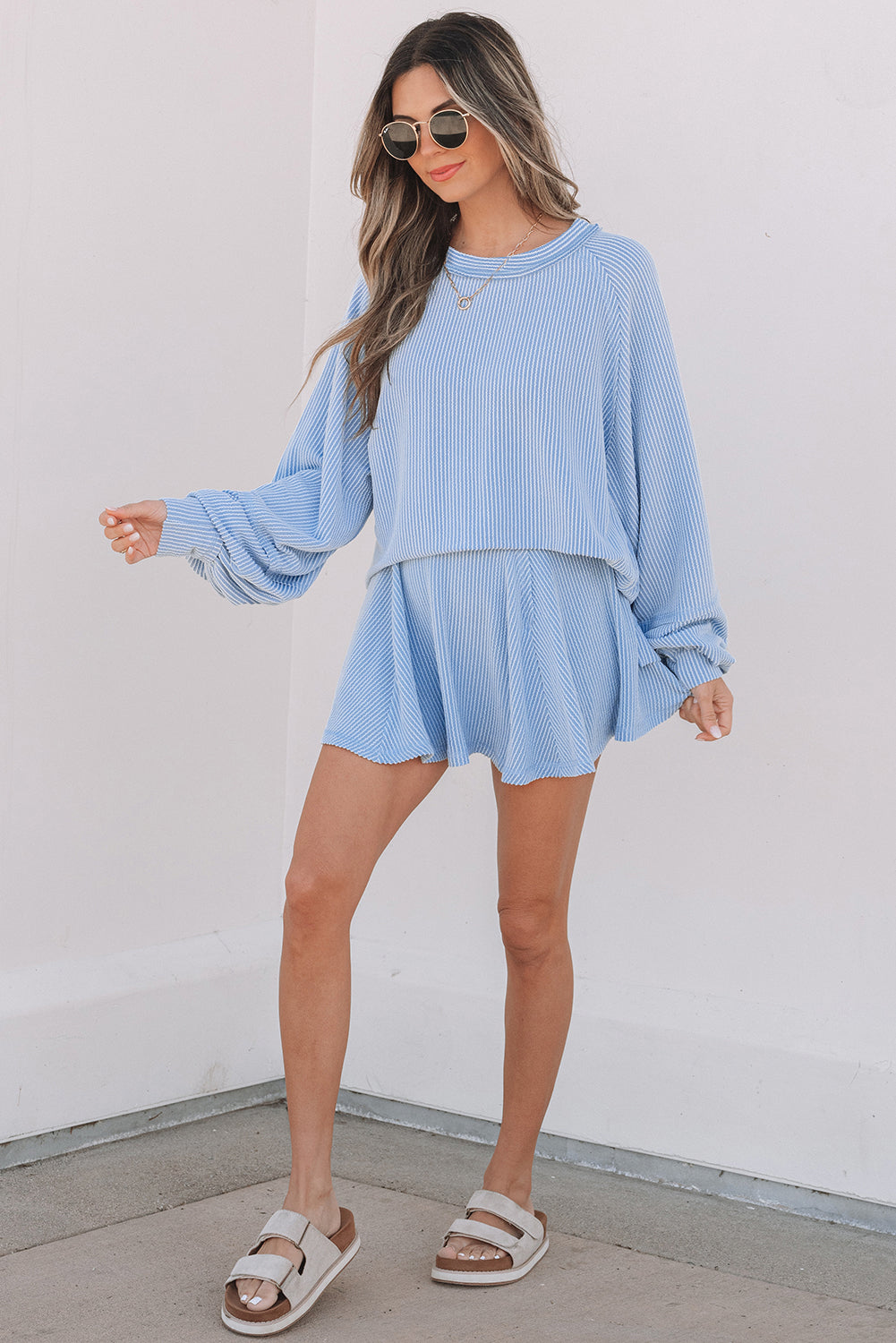 Sky Blue Corded Lantern Sleeve Top High Waist Ruffled Mini Skort Set