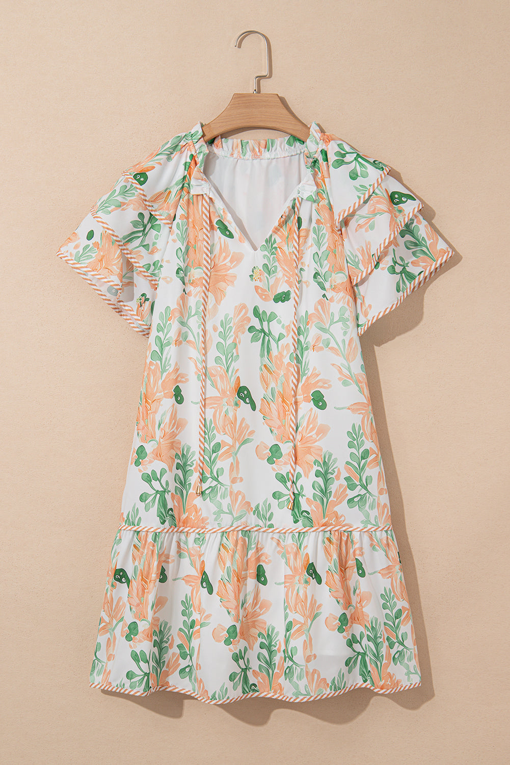 Orange Floral Contrast Edge Layered Short Sleeve Mini Dress