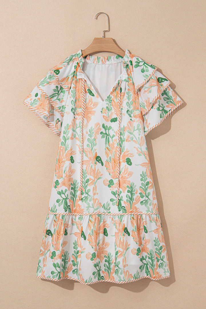 Orange Floral Contrast Edge Layered Short Sleeve Mini Dress