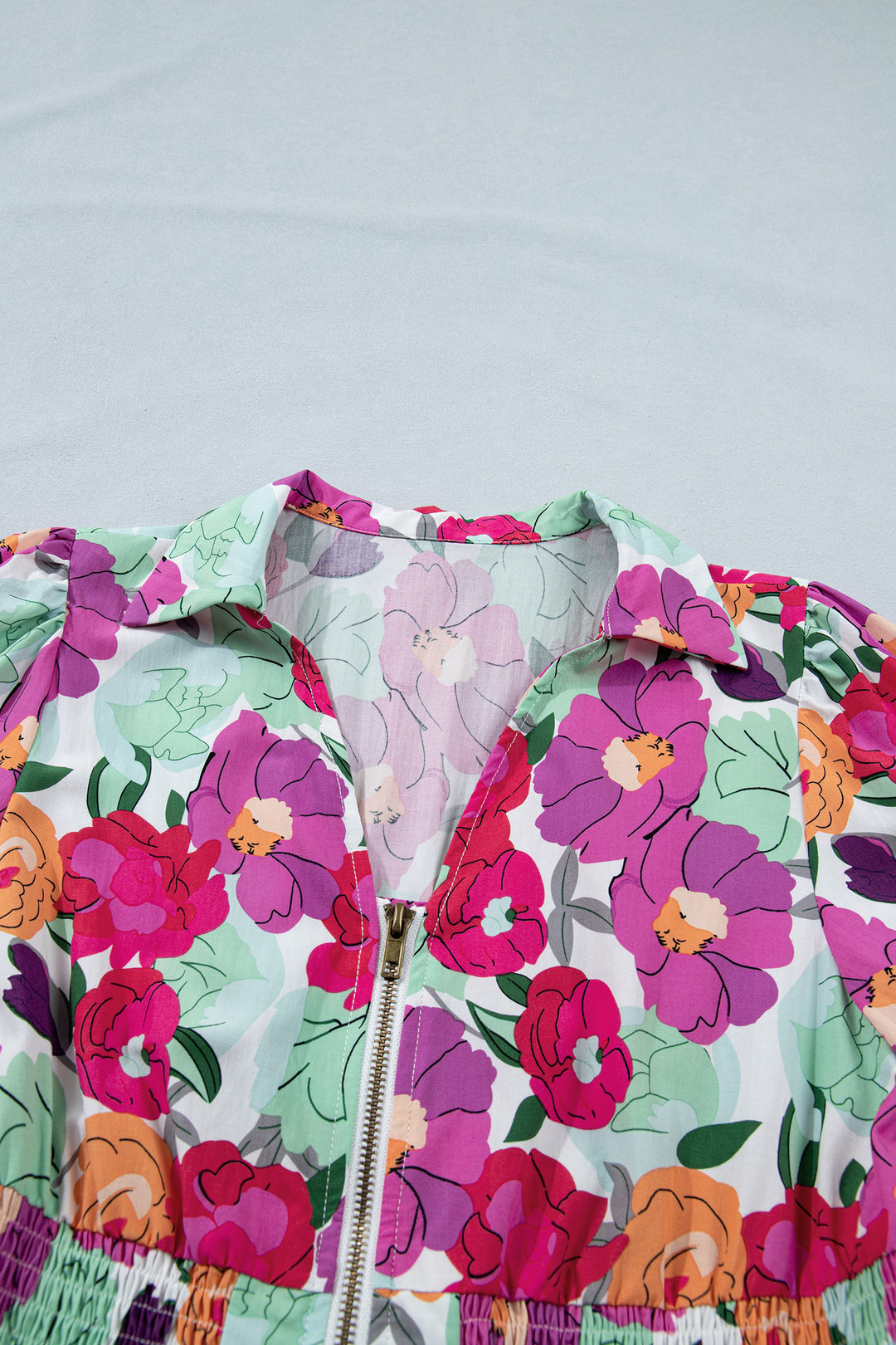 Rose Vibrant Floral Print V Neck Zip Up Puffy Half Sleeve Dress