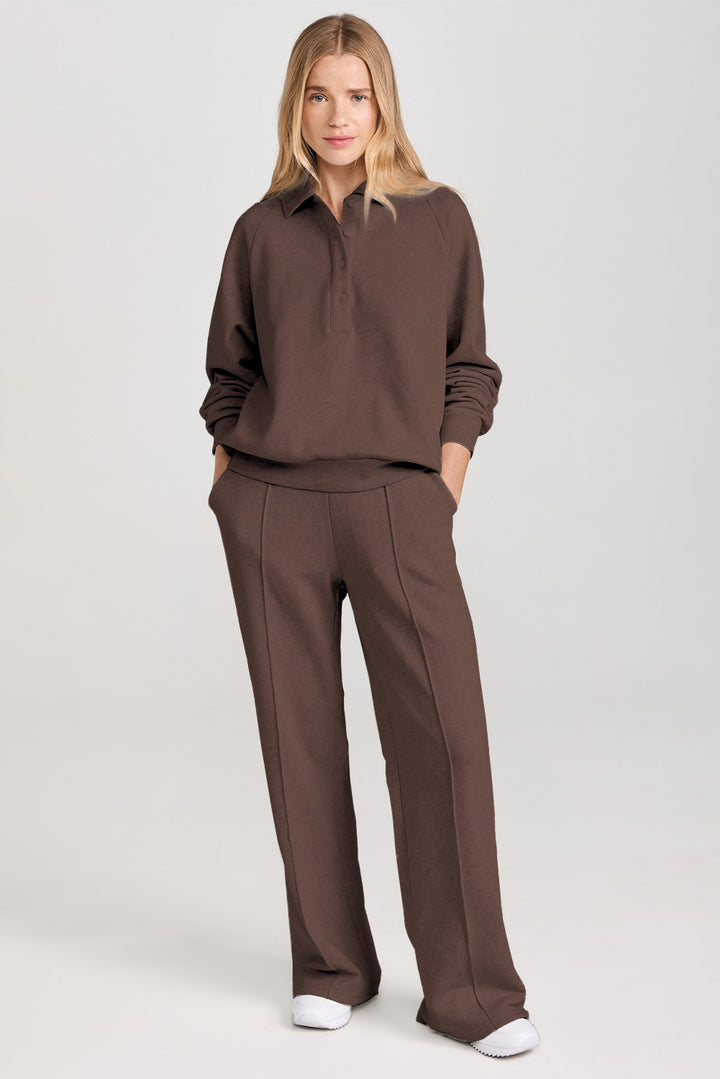 Dark Brown Solid Collared Sweatshirt and High Waist Pants Active Set