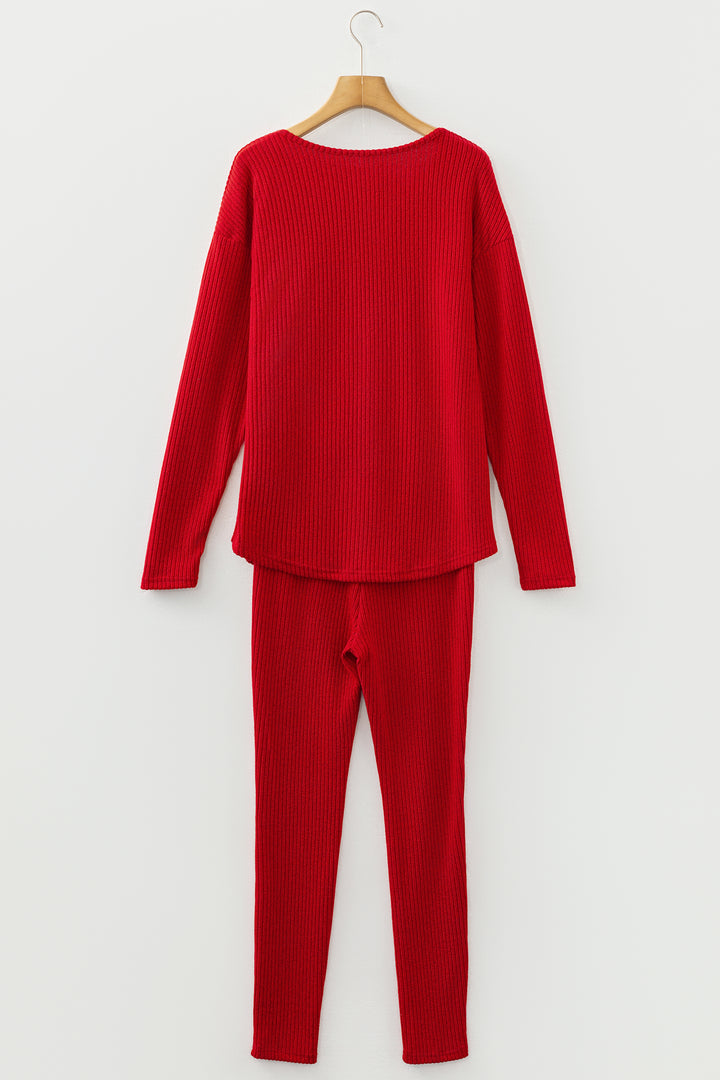 Racing Red Ribbed Notched Neck Knit Long Sleeve Leggings Two Pieces Lounge Set