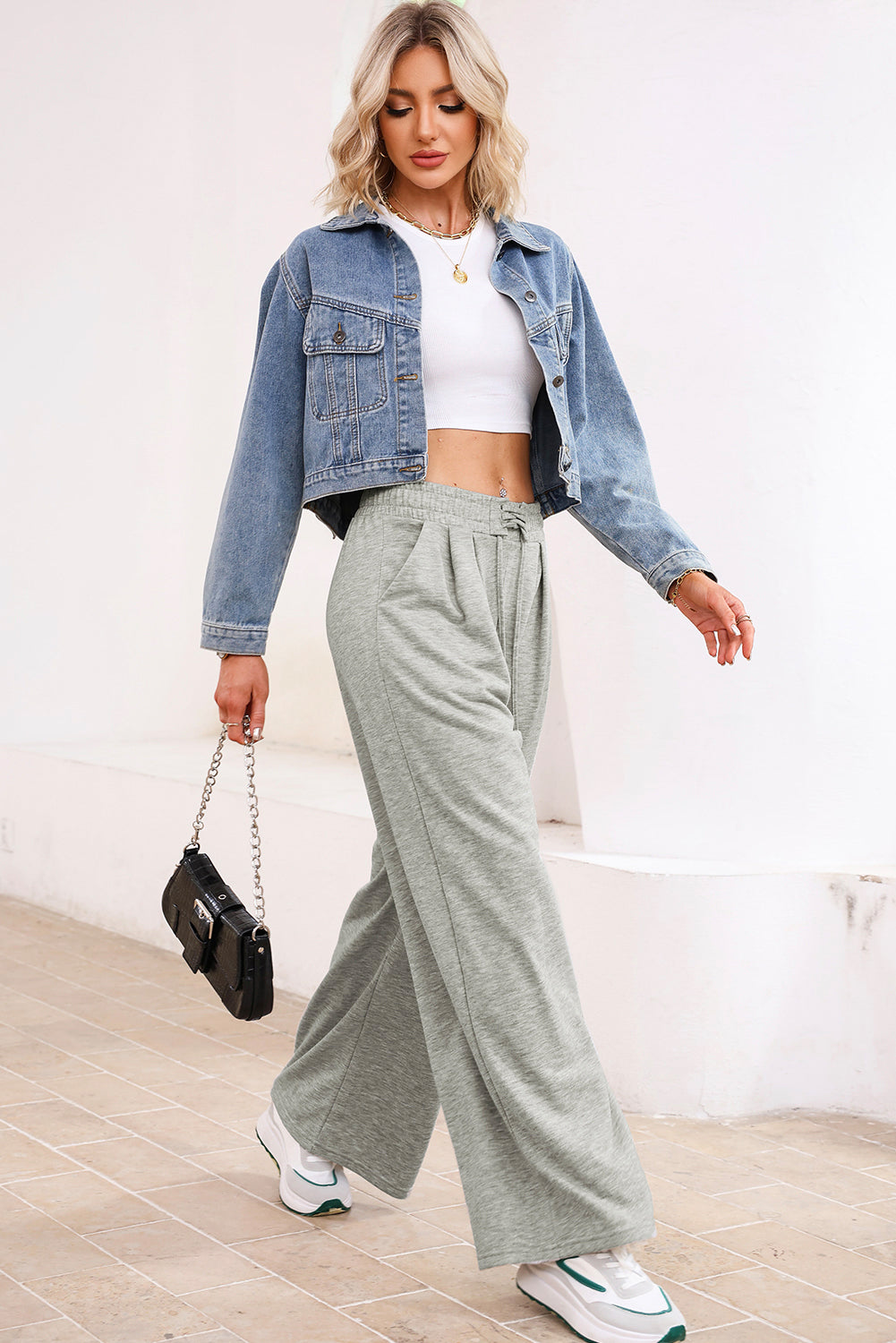 Gray Tied Elastic High Waist Pleated Detail Solid Sweatpants