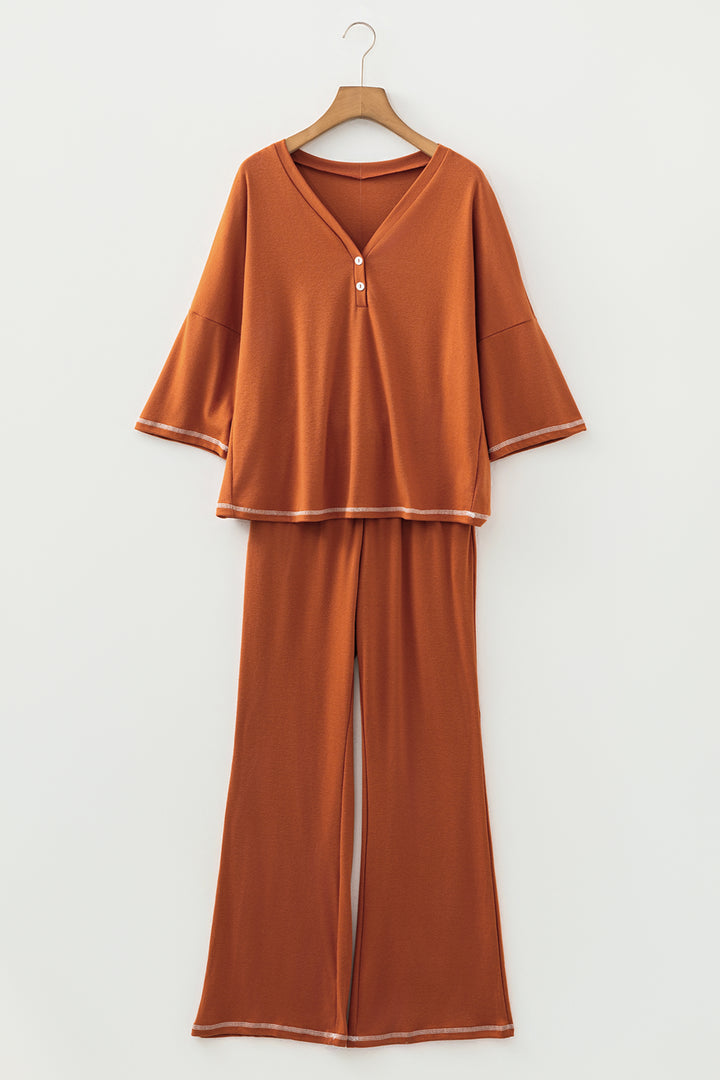 Grapefruit Orange Contrast Stitching Buttoned V Neck Half Sleeve Top and Drawstring Flare Pants Set