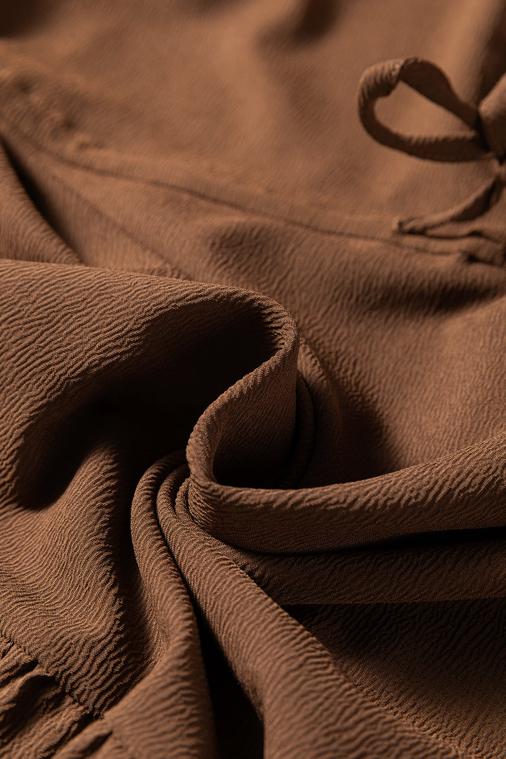 Chestnut Solid Long Sleeve Button V Neck Tiered Maxi Dress