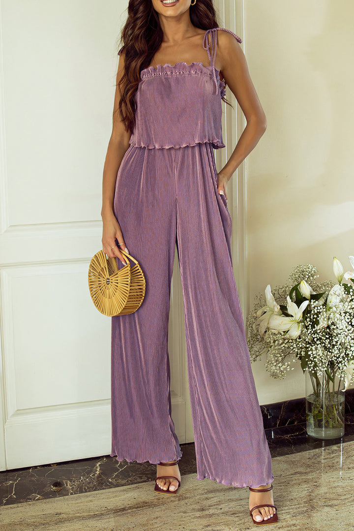 Rose Tan Solid Self Tied Straps Pleated Wide Leg Jumpsuit | Women